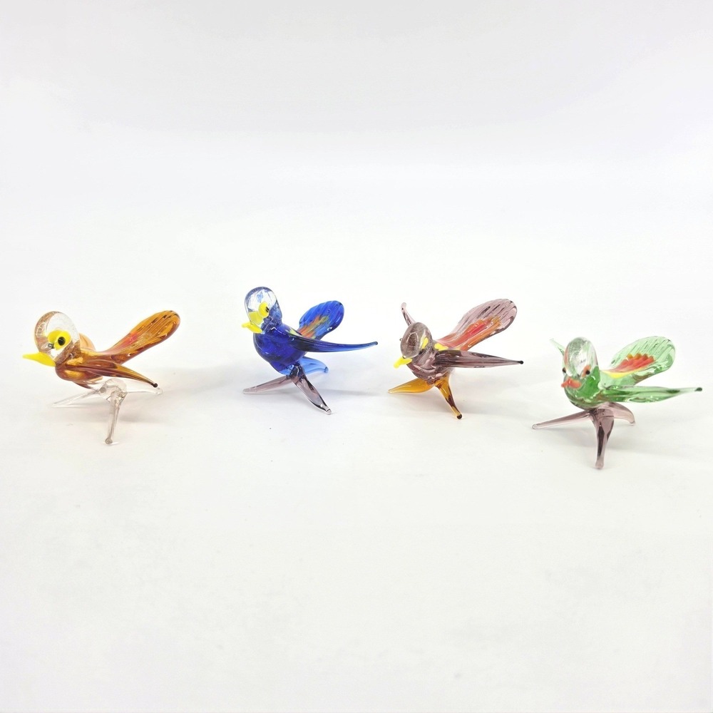 Vintage Hand Blown Art Glass Bird Figurines Set of 4 Multicolor Miniature Birds